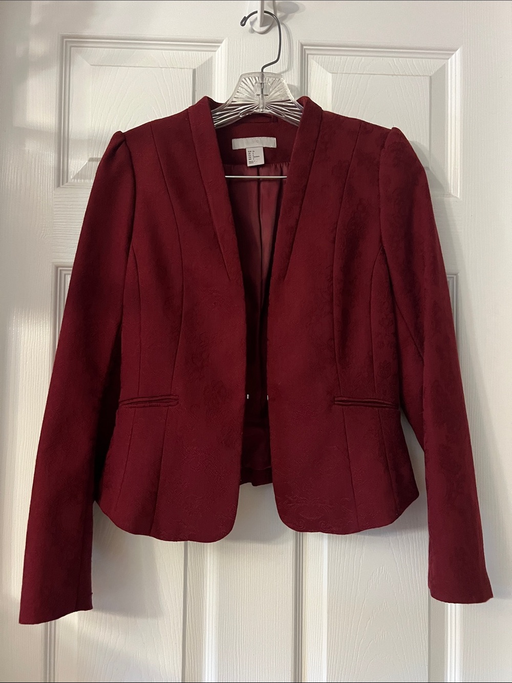 H&M Deep Wine Tailored Open-Front Blazer with Floral Pattern